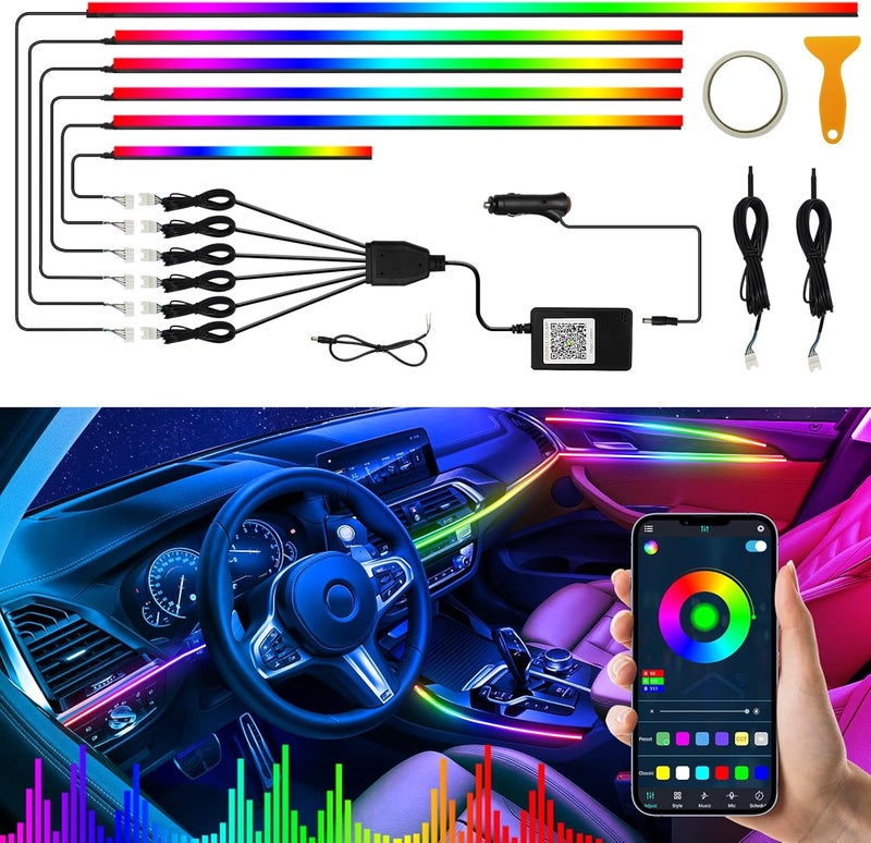 Amki أضواء شريط LED الداخلية للسيارة، أضواء LED أكريليك للسيارة مع تطبيق لاسلكي ديناميكي بألوان أحلام متتابعة 6 في 1 مجموعات إضاءة محيطية، 175 بوصة 593 LED وظيفة نشطة بالصوت أضواء نيون - Image 1